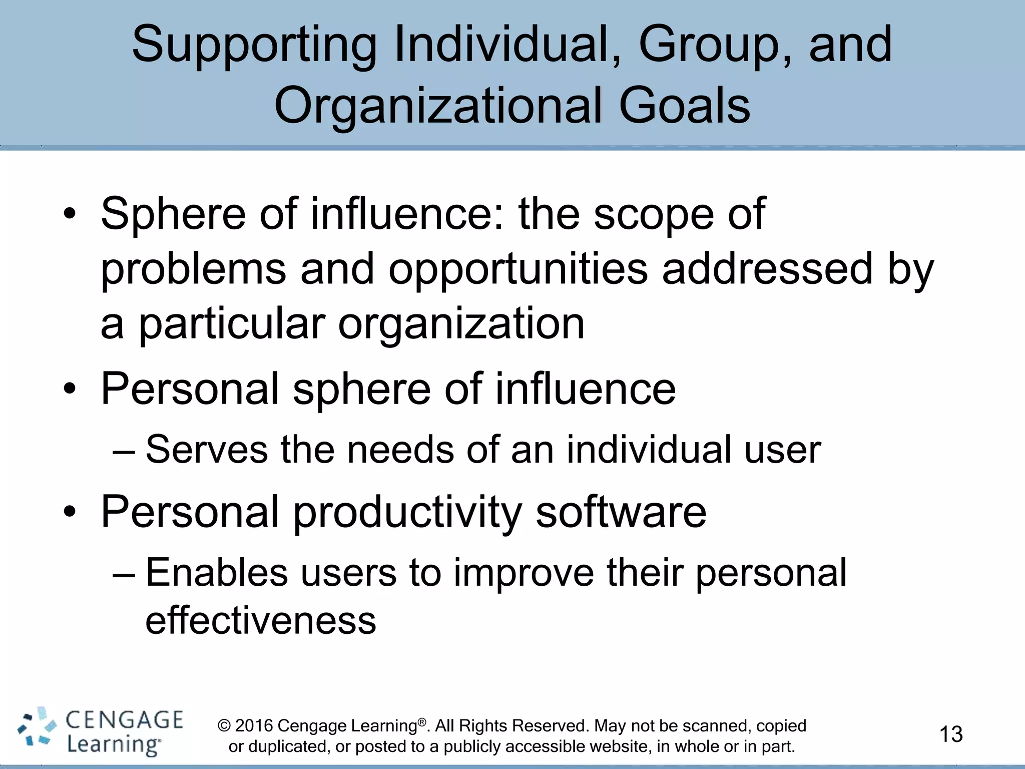 © 2016 Cengage Learning®. All Rights Reserved. May not be scanned, copied
or duplicated, or posted to a publicly accessible website, in whole or in part.
• Sphere of influence: the scope of
problems and opportunities addressed by
a particular organization
• Personal sphere of influence
– Serves the needs of an individual user
• Personal productivity software
– Enables users to improve their personal
effectiveness
13
Supporting Individual, Group, and
Organizational Goals
 