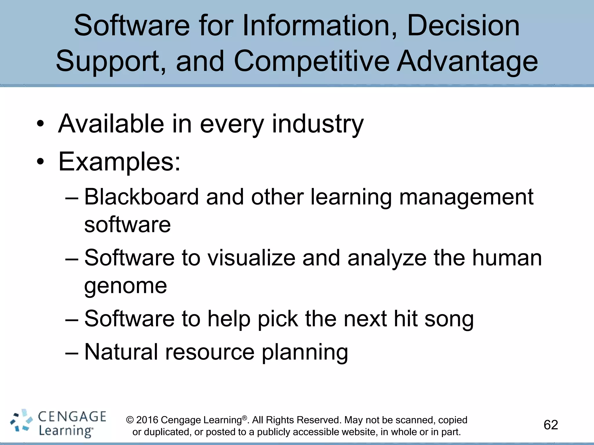 © 2016 Cengage Learning®. All Rights Reserved. May not be scanned, copied
or duplicated, or posted to a publicly accessible website, in whole or in part.
• Available in every industry
• Examples:
– Blackboard and other learning management
software
– Software to visualize and analyze the human
genome
– Software to help pick the next hit song
– Natural resource planning
62
Software for Information, Decision
Support, and Competitive Advantage
 