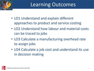 © McGraw-Hill Education (UK) Limited 2013
• LO1 Understand and explain different
approaches to product and service costing
• LO2 Understand how labour and material costs
can be traced to jobs
• LO3 Calculate a manufacturing overhead rate
to assign jobs
• LO4 Calculate a job cost and understand its use
in decision making
Learning Outcomes
2
 