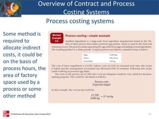 © McGraw-Hill Education (UK) Limited 2013
Some method is
required to
allocate indirect
costs, it could be
on the basis of
process hours, the
area of factory
space used by a
process or some
other method
31
Overview of Contract and Process
Costing Systems
Process costing systems
 