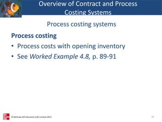 © McGraw-Hill Education (UK) Limited 2013
Process costing
• Process costs with opening inventory
• See Worked Example 4.8, p. 89-91
33
Overview of Contract and Process
Costing Systems
Process costing systems
 