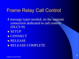 Chapter 4 Frame Relay
25
Frame Relay Call Control
4 message types needed, on the separate
connection dedicated to call control
(DLCI=0)
 SETUP
 CONNECT
 RELEASE
 RELEASE COMPLETE
 