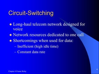 Chapter 4 Frame Relay
4
Circuit-Switching
 Long-haul telecom network designed for
voice
 Network resources dedicated to one call
 Shortcomings when used for data:
– Inefficient (high idle time)
– Constant data rate
 