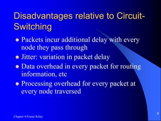 Chapter 4 Frame Relay
9
Disadvantages relative to Circuit-
Switching
 Packets incur additional delay with every
node they pass through
 Jitter: variation in packet delay
 Data overhead in every packet for routing
information, etc
 Processing overhead for every packet at
every node traversed
 