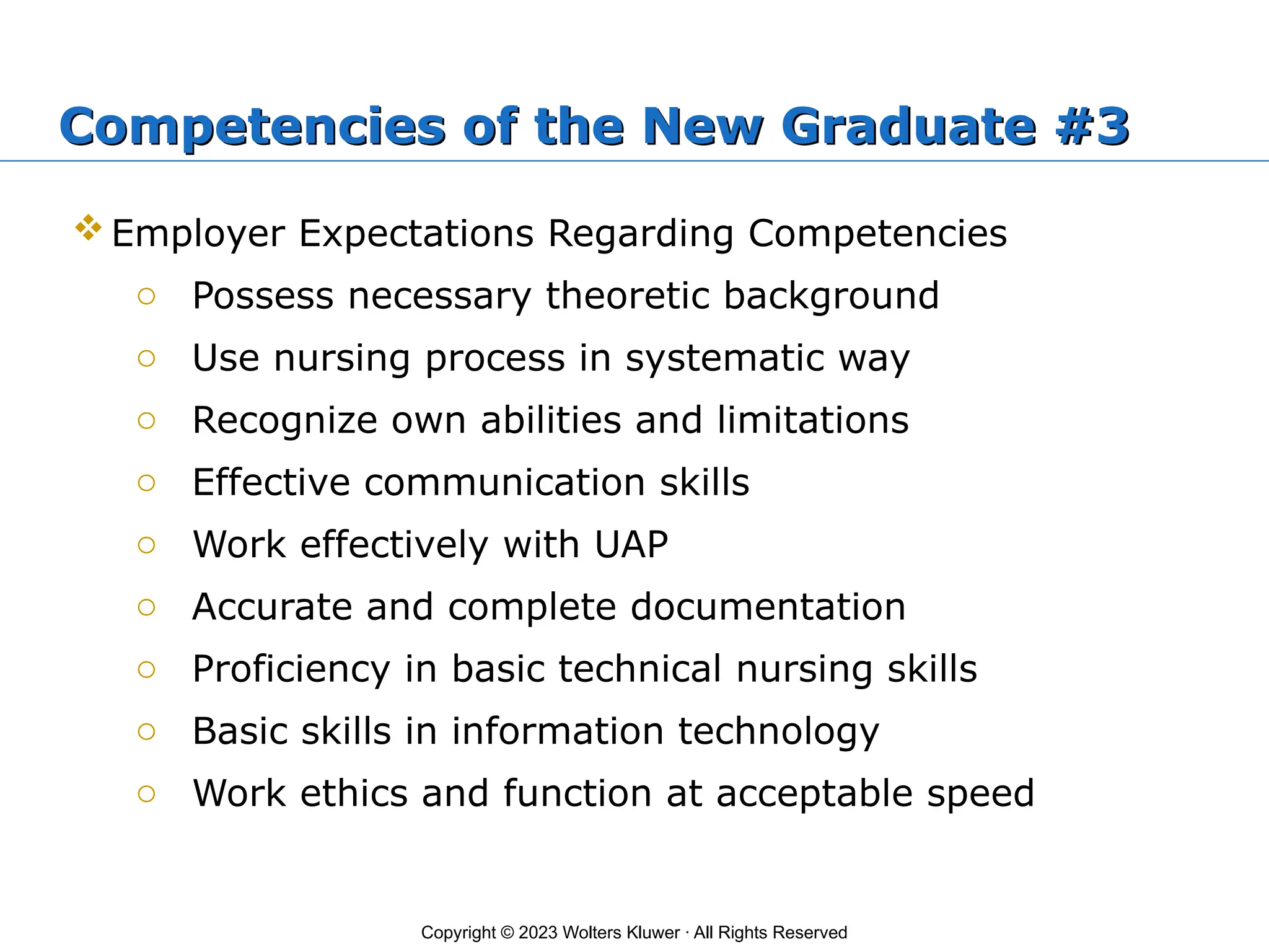 Copyright © 2023 Wolters Kluwer · All Rights Reserved
Competencies of the New Graduate #3
Employer Expectations Regarding Competencies
o Possess necessary theoretic background
o Use nursing process in systematic way
o Recognize own abilities and limitations
o Effective communication skills
o Work effectively with UAP
o Accurate and complete documentation
o Proficiency in basic technical nursing skills
o Basic skills in information technology
o Work ethics and function at acceptable speed
 