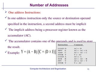 15
Number of Addresses
Computer Architecture and Organization
 One address Instructions:
In one-address instruction only the source or destination operand
specified in the instruction, a second address must be implicit
 The implicit address being a processor register known as the
accumulator (AC).
 The accumulator contains one of the operands and is used to store
the result.
Example:
 
