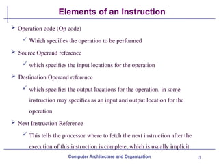 3
Elements of an Instruction
Computer Architecture and Organization
 Operation code (Op code)
 Which specifies the operation to be performed
 Source Operand reference
 which specifies the input locations for the operation
 Destination Operand reference
 which specifies the output locations for the operation, in some
instruction may specifies as an input and output location for the
operation
 Next Instruction Reference
 This tells the processor where to fetch the next instruction after the
execution of this instruction is complete, which is usually implicit
 