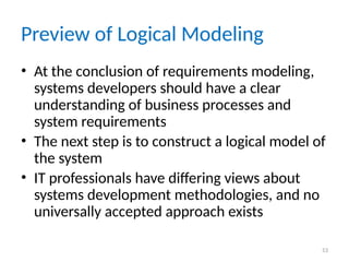 Preview of Logical Modeling
• At the conclusion of requirements modeling,
systems developers should have a clear
understanding of business processes and
system requirements
• The next step is to construct a logical model of
the system
• IT professionals have differing views about
systems development methodologies, and no
universally accepted approach exists
53
 