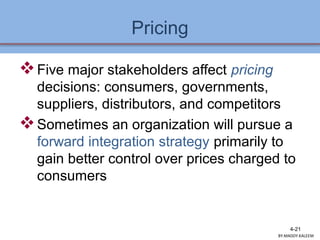 Pricing
Five major stakeholders affect pricing
decisions: consumers, governments,
suppliers, distributors, and competitors
Sometimes an organization will pursue a
forward integration strategy primarily to
gain better control over prices charged to
consumers
4-21
BY:MADDY.KALEEM
 