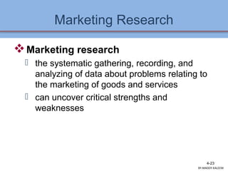 Marketing Research
Marketing research
 the systematic gathering, recording, and
analyzing of data about problems relating to
the marketing of goods and services
 can uncover critical strengths and
weaknesses
4-23
BY:MADDY.KALEEM
 