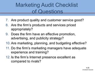 Marketing Audit Checklist
of Questions
7. Are product quality and customer service good?
8. Are the firm’s products and services priced
appropriately?
9. Does the firm have an effective promotion,
advertising, and publicity strategy?
10. Are marketing, planning, and budgeting effective?
11. Do the firm’s marketing managers have adequate
experience and training?
12. Is the firm’s Internet presence excellent as
compared to rivals?
4-26
BY:MADDY.KALEEM
 
