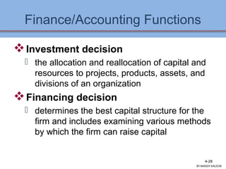 Finance/Accounting Functions
Investment decision
 the allocation and reallocation of capital and
resources to projects, products, assets, and
divisions of an organization
Financing decision
 determines the best capital structure for the
firm and includes examining various methods
by which the firm can raise capital
4-28
BY:MADDY.KALEEM
 