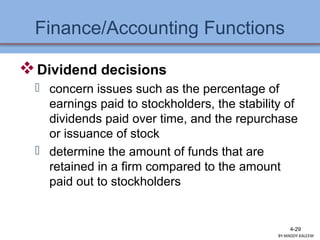 Finance/Accounting Functions
Dividend decisions
 concern issues such as the percentage of
earnings paid to stockholders, the stability of
dividends paid over time, and the repurchase
or issuance of stock
 determine the amount of funds that are
retained in a firm compared to the amount
paid out to stockholders
4-29
BY:MADDY.KALEEM
 
