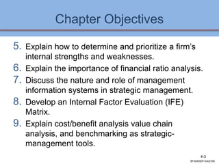 Chapter Objectives
5. Explain how to determine and prioritize a firm’s
internal strengths and weaknesses.
6. Explain the importance of financial ratio analysis.
7. Discuss the nature and role of management
information systems in strategic management.
8. Develop an Internal Factor Evaluation (IFE)
Matrix.
9. Explain cost/benefit analysis value chain
analysis, and benchmarking as strategic-
management tools.
4-3
BY:MADDY.KALEEM
 