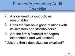 Finance/Accounting Audit
Checklist
7. Are dividend payout policies
reasonable?
8. Does the firm have good relations with
its investors and stockholders?
9. Are the firm’s financial managers
experienced and well trained?
10.Is the firm’s debt situation excellent?
4-36
BY:MADDY.KALEEM
 