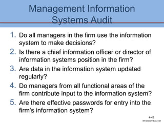 Management Information
Systems Audit
1. Do all managers in the firm use the information
system to make decisions?
2. Is there a chief information officer or director of
information systems position in the firm?
3. Are data in the information system updated
regularly?
4. Do managers from all functional areas of the
firm contribute input to the information system?
5. Are there effective passwords for entry into the
firm’s information system?
4-43
BY:MADDY.KALEEM
 