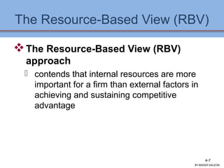 The Resource-Based View (RBV)
The Resource-Based View (RBV)
approach
 contends that internal resources are more
important for a firm than external factors in
achieving and sustaining competitive
advantage
4-7
BY:MADDY.KALEEM
 