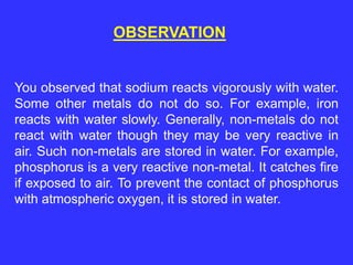 You observed that sodium reacts vigorously with water.
Some other metals do not do so. For example, iron
reacts with water slowly. Generally, non-metals do not
react with water though they may be very reactive in
air. Such non-metals are stored in water. For example,
phosphorus is a very reactive non-metal. It catches fire
if exposed to air. To prevent the contact of phosphorus
with atmospheric oxygen, it is stored in water.
OBSERVATION
 
