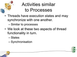 Activities similar to ProcessesThreads have execution states and may synchronize with one another.Similar to processesWe look at these two aspects of thread functionality in turn.States Synchronisation