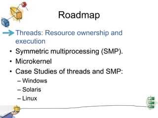 RoadmapThreads: Resource ownership and executionSymmetric multiprocessing (SMP).MicrokernelCase Studies of threads and SMP:WindowsSolarisLinux