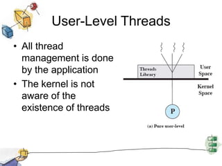 User-Level ThreadsAll thread management is done by the applicationThe kernel is not aware of the existence of threads