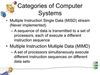 Categories of Computer SystemsMultiple Instruction Single Data (MISD) stream (Never implemented)A sequence of data is transmitted to a set of processors, each of execute a different instruction sequence Multiple Instruction Multiple Data (MIMD)A set of processors simultaneously execute different instruction sequences on different data sets
