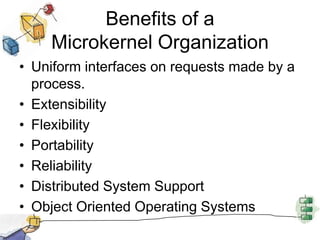 Benefits of aMicrokernel OrganizationUniform interfaces on requests made by a process.ExtensibilityFlexibilityPortabilityReliabilityDistributed System SupportObject Oriented Operating Systems