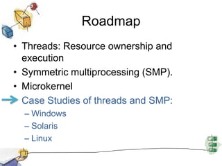 RoadmapThreads: Resource ownership and executionSymmetric multiprocessing (SMP).MicrokernelCase Studies of threads and SMP:WindowsSolarisLinux