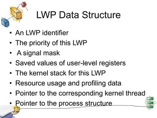 LWP Data StructureAn LWP identifierThe priority of this LWP  A signal mask Saved values of user-level registers The kernel stack for this LWPResource usage and profiling dataPointer to the corresponding kernel threadPointer to the process structure