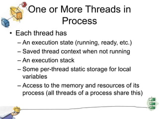 One or More Threads in ProcessEach thread hasAn execution state (running, ready, etc.)Saved thread context when not runningAn execution stackSome per-thread static storage for local variablesAccess to the memory and resources of its process (all threads of a process share this)