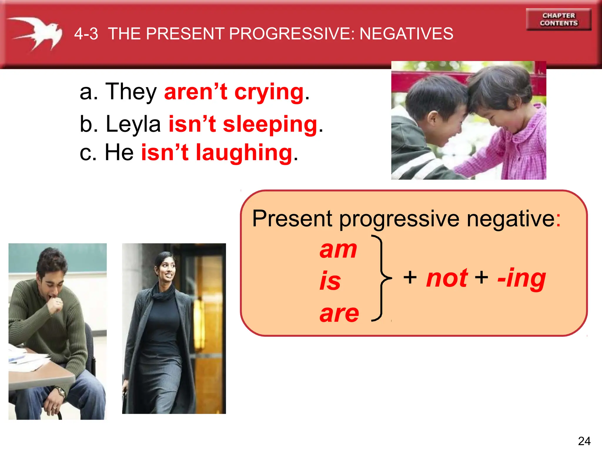 4-3 THE PRESENT PROGRESSIVE: NEGATIVES
Present progressive negative:
am
is
are
+ not + -ing
24
a. They aren’t crying.
b. Leyla isn’t sleeping.
c. He isn’t laughing.
 