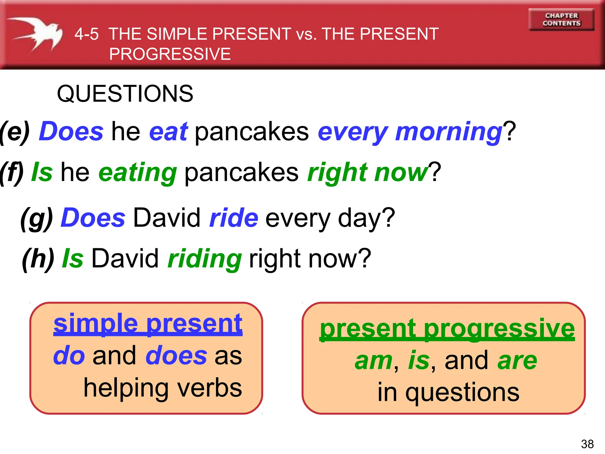 QUESTIONS
(e) Does he eat pancakes every morning?
(f) Is he eating pancakes right now?
(g) Does David ride every day?
(h) Is David riding right now?
4-5 THE SIMPLE PRESENT vs. THE PRESENT
PROGRESSIVE
simple present
do and does as
helping verbs
present progressive
am, is, and are
in questions
38
 