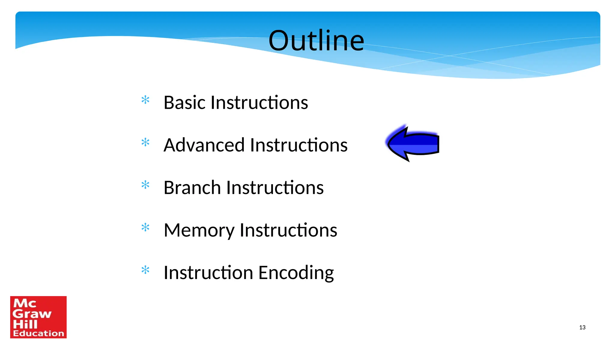 13
Outline
* Basic Instructions
* Advanced Instructions
* Branch Instructions
* Memory Instructions
* Instruction Encoding
 