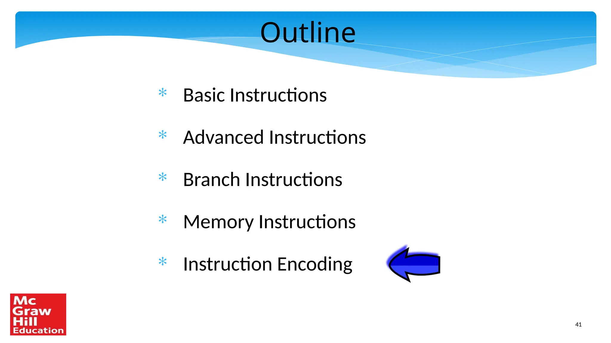 41
Outline
* Basic Instructions
* Advanced Instructions
* Branch Instructions
* Memory Instructions
* Instruction Encoding
 