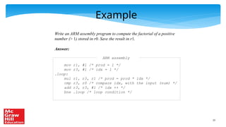 23
Example
Write an ARM assembly program to compute the factorial of a positive
number (> 1) stored in r0. Save the result in r1.
Answer:
ARM assembly
mov r1, #1 /* prod = 1 */
mov r3, #1 /* idx = 1 */
.loop:
mul r1, r3, r1 /* prod = prod * idx */
cmp r3, r0 /* compare idx, with the input (num) */
add r3, r3, #1 /* idx ++ */
bne .loop /* loop condition */
 