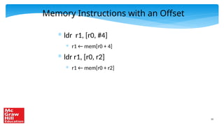 33
Memory Instructions with an Offset
* ldr r1, [r0, #4]
* r1 ← mem[r0 + 4]
* ldr r1, [r0, r2]
* r1 ← mem[r0 + r2]
 