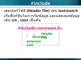 • เฮดเดอร์ไฟล์ (Header file) เช่น iostream.h
• เก็บฟังก์ชันในการรับข้อมูล และแสดงผลข้อมูล
เช่น cin , cout เป็นต้น
#include
#include<iostream.h>
preproce
ssor
Directive
Header
File
 