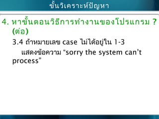 ขั้นวิเคราะห์ปัญหา
4. หาขั้นตอนวิธีการทำางานของโปรแกรม ?
(ต่อ)
3.4 ถ้าหมายเลข case ไม่ได้อยู่ใน 1-3
แสดงข้อความ “sorry the system can’t
process”
 