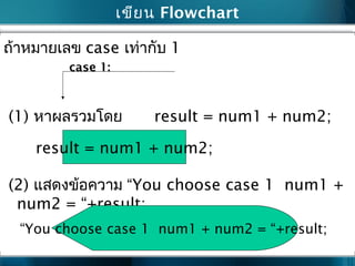 เขียน Flowchart
ถ้ำหมำยเลข case เท่ำกับ 1
(1) หำผลรวมโดย result = num1 + num2;
(2) แสดงข้อควำม “You choose case 1 num1 +
num2 = “+result;
case 1:
result = num1 + num2;
“You choose case 1 num1 + num2 = “+result;
 