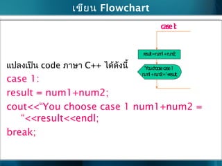 เขียน Flowchart
result=num1+num2;
“Youchoosecase1
num1+num2=“+result;
result=num1
“Youchoose
num1-num2
case1: case2
แปลงเป็น code ภำษำ C++ ได้ดังนี้
case 1:
result = num1+num2;
cout<<“You choose case 1 num1+num2 =
“<<result<<endl;
break;
 