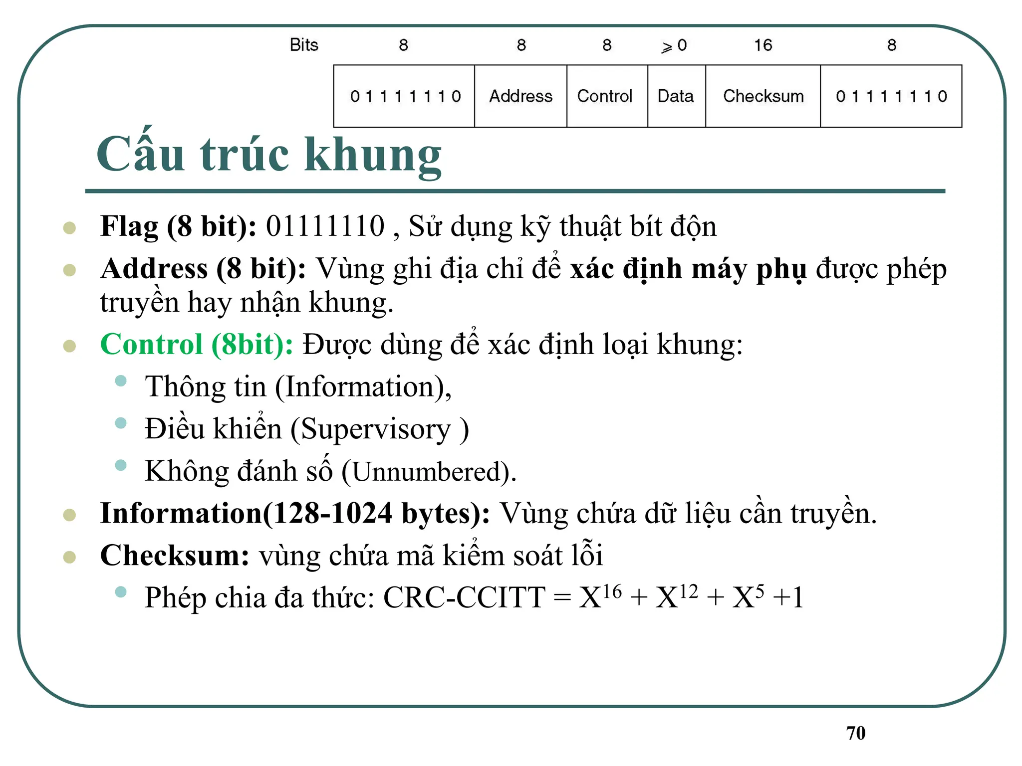 70
⚫ Flag (8 bit): 01111110 , Sử dụng kỹ thuật bít độn
⚫ Address (8 bit): Vùng ghi địa chỉ để xác định máy phụ được phép
truyền hay nhận khung.
⚫ Control (8bit): Được dùng để xác định loại khung:
• Thông tin (Information),
• Điều khiển (Supervisory )
• Không đánh số (Unnumbered).
⚫ Information(128-1024 bytes): Vùng chứa dữ liệu cần truyền.
⚫ Checksum: vùng chứa mã kiểm soát lỗi
• Phép chia đa thức: CRC-CCITT = X16 + X12 + X5 +1
Cấu trúc khung
 