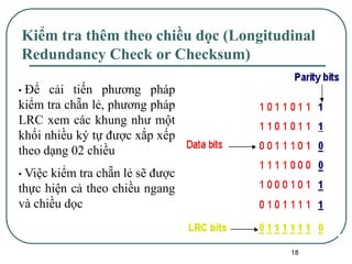 18
Kiểm tra thêm theo chiều dọc (Longitudinal
Redundancy Check or Checksum)
• Để cải tiến phương pháp
kiểm tra chẵn lẻ, phương pháp
LRC xem các khung như một
khối nhiều ký tự được xắp xếp
theo dạng 02 chiều
• Việc kiểm tra chẵn lẻ sẽ được
thực hiện cả theo chiều ngang
và chiều dọc
 