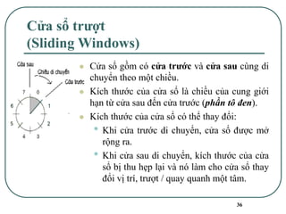 36
Cửa sổ trượt
(Sliding Windows)
⚫ Cửa sổ gồm có cửa trước và cửa sau cùng di
chuyển theo một chiều.
⚫ Kích thước của cửa sổ là chiều của cung giới
hạn từ cửa sau đến cửa trước (phần tô đen).
⚫ Kích thước của cửa sổ có thể thay đổi:
• Khi cửa trước di chuyển, cửa sổ được mở
rộng ra.
• Khi cửa sau di chuyển, kích thước của cửa
sổ bị thu hẹp lại và nó làm cho cửa sổ thay
đổi vị trí, trượt / quay quanh một tâm.
 