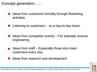 Slack, Brandon-Jones and Johnston, Essentials of Operations Management, 1st Edition, © Slack, Brandon-Jones and Johnston, 2011
Concept generation……
Ideas from customers formally through Marketing
activities
Listening to customers - on a day-to-day basis.
Ideas from competitor activity – For example reverse
engineering
Ideas from staff – Especially those who meet
customers every day.
Ideas from research and development
 