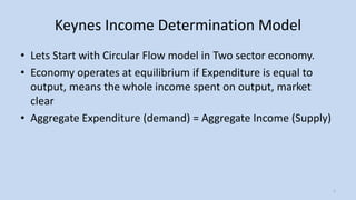 Keynes Income Determination Model
• Lets Start with Circular Flow model in Two sector economy.
• Economy operates at equilibrium if Expenditure is equal to
output, means the whole income spent on output, market
clear
• Aggregate Expenditure (demand) = Aggregate Income (Supply)
1
 