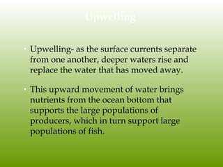 Upwelling
• Upwelling- as the surface currents separate
from one another, deeper waters rise and
replace the water that has moved away.
• This upward movement of water brings
nutrients from the ocean bottom that
supports the large populations of
producers, which in turn support large
populations of fish.
 