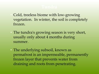 Tundra
• Cold, treeless biome with low-growing
vegetation. In winter, the soil is completely
frozen.
• The tundra's growing season is very short,
usually only about 4 months during
summer.
• The underlying subsoil, known as
permafrost is an impermeable, permanently
frozen layer that prevents water from
draining and roots from penetrating.
 