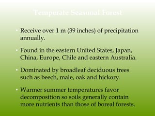 Temperate Seasonal Forest
• Receive over 1 m (39 inches) of precipitation
annually.
• Found in the eastern United States, Japan,
China, Europe, Chile and eastern Australia.
• Dominated by broadleaf deciduous trees
such as beech, male, oak and hickory.
• Warmer summer temperatures favor
decomposition so soils generally contain
more nutrients than those of boreal forests.
 