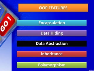 OOP FEATURES
Encapsulation
Data Hiding
Data Abstraction
Inheritance
Polymorphism
 
