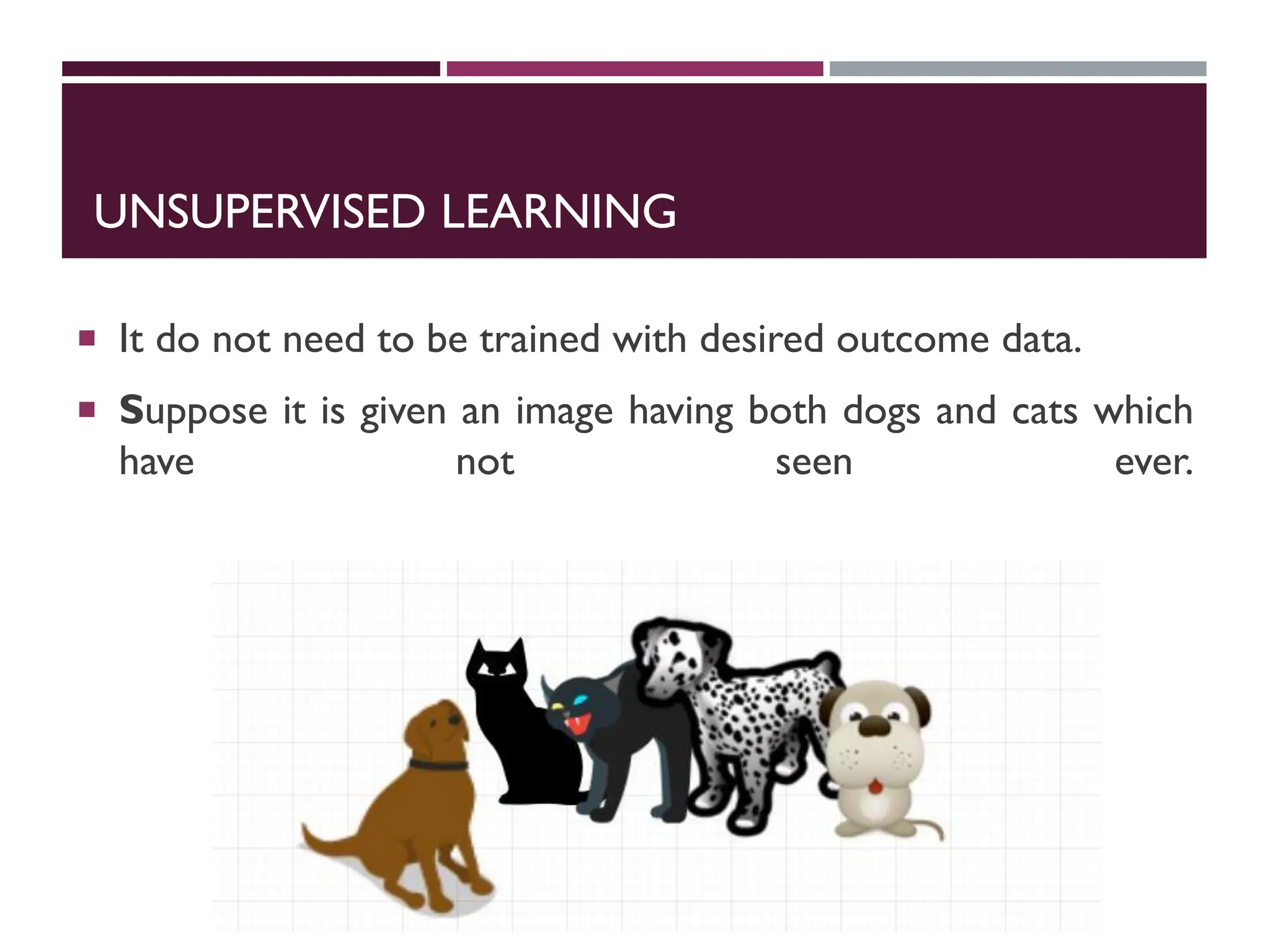 UNSUPERVISED LEARNING
 It do not need to be trained with desired outcome data.
 Suppose it is given an image having both dogs and cats which
have not seen ever.
 